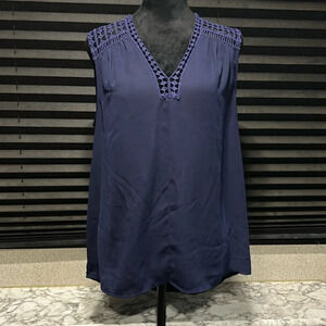 Vince Camuto Women’s Navy Blue Crocheted‎ Shoulder V-Neck Sleeveless Top Medium